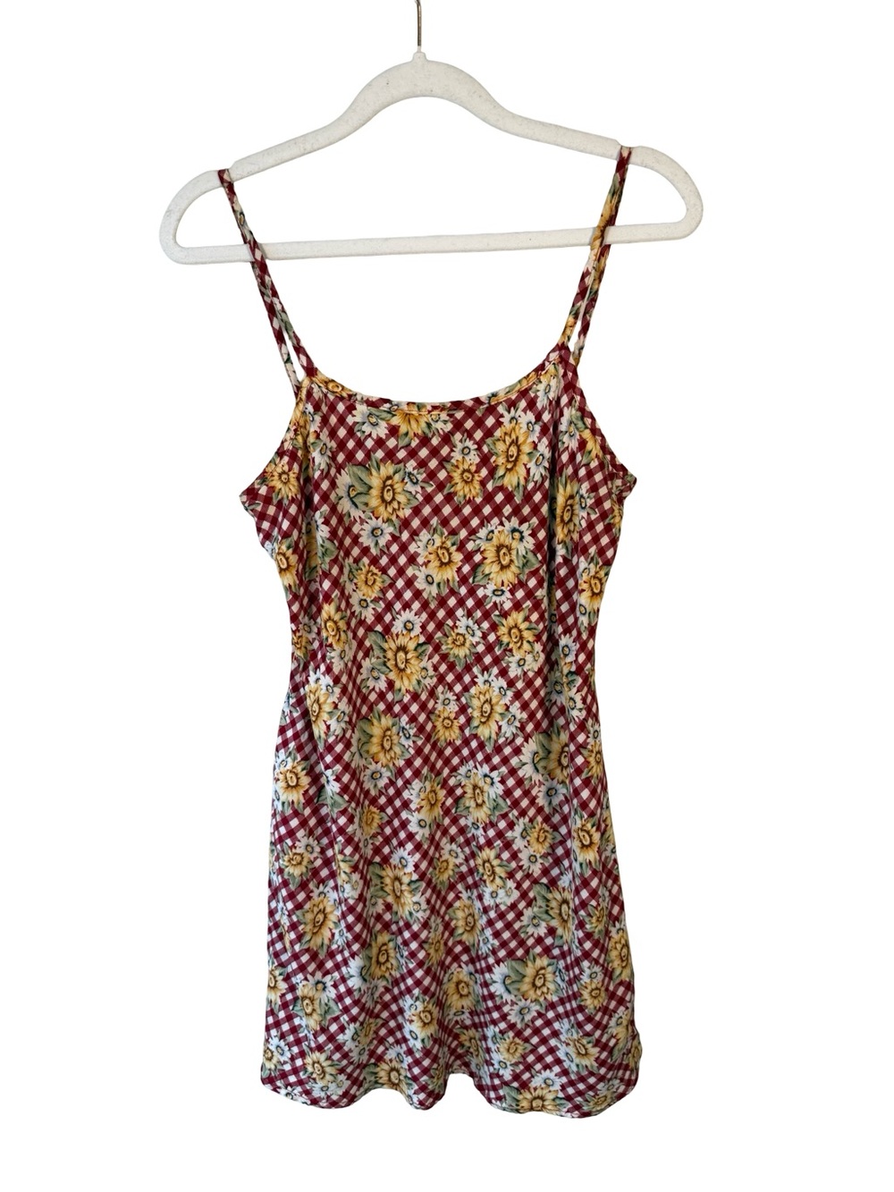 Sunflower Print Red Gingham Cami Dress Size S Boho Cottagecore Y2K Grunge